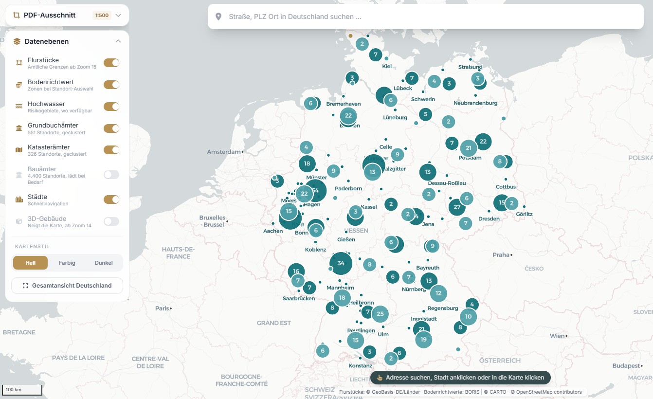 Interaktive GrundEngine-Karte: Flurstücke, Bodenrichtwerte sowie Grundbuch-, Kataster- und Bauämter in ganz Deutschland